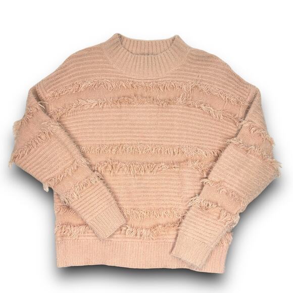 Very J Pink Shaggy Fringe Knit Sweater Mock Neck Drop Shoulders Boxy Size Small - Picture 4 of 6